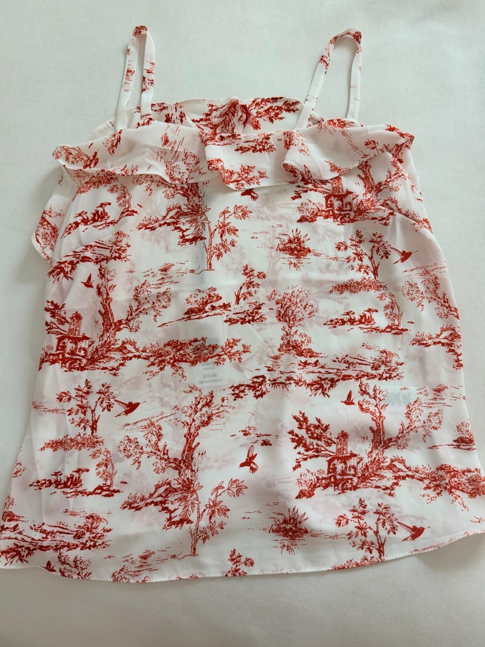 White & Red Toile Ruffle Cami Top - New w tags